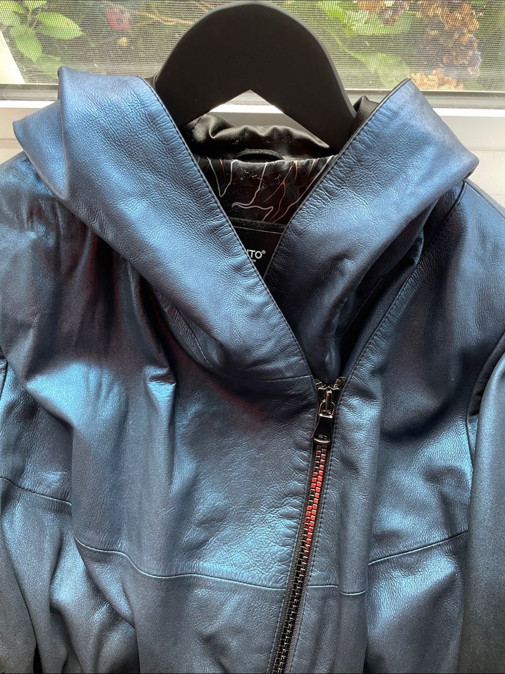 Women’s Metallic Blue on Black Shimmering Hooded Asymmetrical Leather Jacket